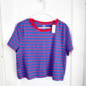 GAP Organic Cotton Vintage Soft Crop T-Shirt blue Red Stripe NEW Large Tall LT